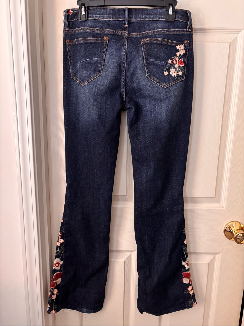 DRIFTWOOD Dark Wash Flare Jeans with Red & Cream Floral Embroidery - Picture 2 of 4
